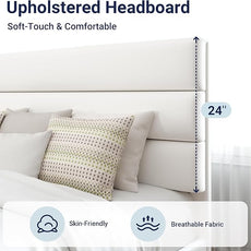 Allewie King Size Platform Bed Frame with Velvet Upholstered Headboard and Wooden Slats Support, Fully Upholstered Mattress Foundation/No Box Spring Needed/Easy Assembly, White