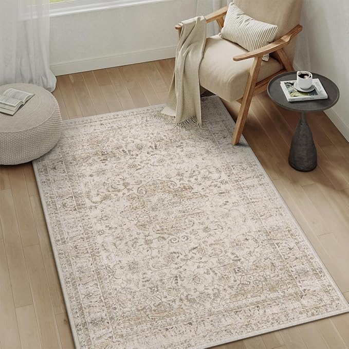 4x6 Washable Beige Area Rug Vintage Entryway Office Carpet Non-Slip Soft Low Pile Distressed Indoor Throw Rug for Living Room Bathroom Dining Room