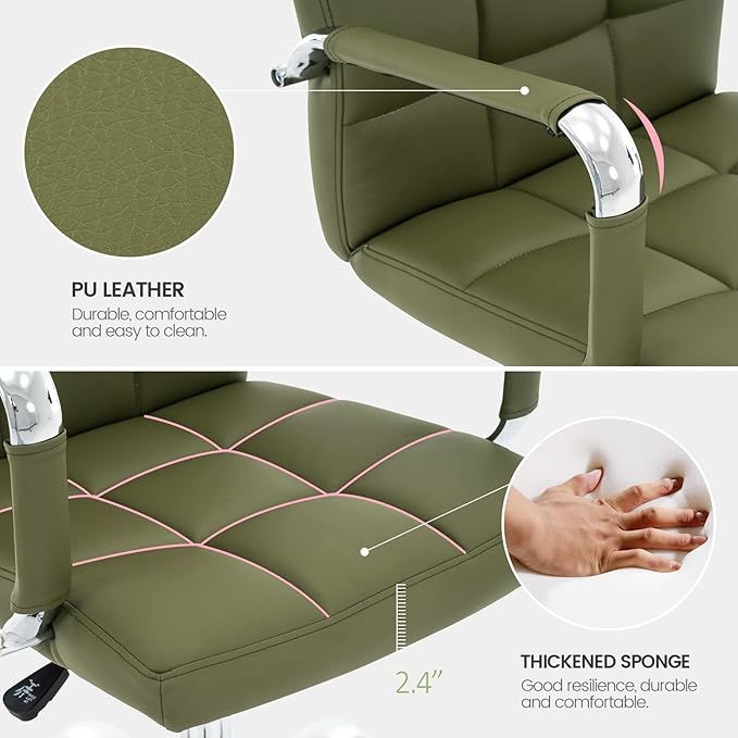 High Back Desk Chair, Modern PU Leather Home Office Task Chair with Arms, Adjustable Swivel Computer Executive Chair with Wheels (Olive Green)