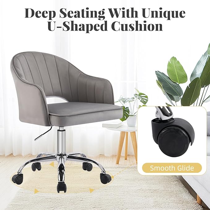 MOJAY Modern Vanity Chair with Wheels, Mid-Back Cutout Velvet Home Office Chair, Swivel Height-Adjustable Soft Seat Cute Desk Chair with Arm Support (Dove Grey)