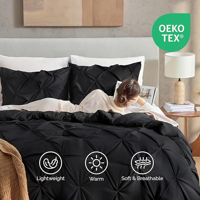 Andency Black Comforter Set Oversized Queen(98x98Inch), 3 Pieces Comforter for Girls Kids, Soft Microfiber Pinch Pleat Comforter Set, All Season Lightweight Bedding Set