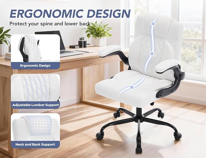 Office Chair with Adjustable Inflatable Lumbar Support,Leather Ergonomic Computer Desk Chair with Flip-up Arms,Adjustable Tilt Lock,Swivel Rolling Executive PC Chair for Work,Study,Meeting.White