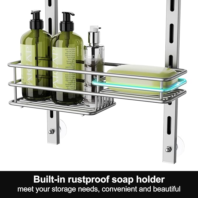 Orimade Over the Door Shower Caddy Adjustable 5 Tier Silver Grey,Bathroom Hanging Organizer Shelf Rustproof with 4 Hooks,Shower Basket with Soap Holder and Suction Cup