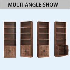70in Tall Bookshelf 6 Tier Bookcase with Barn Doors and Adjustable Shelf, Brown Farmhouse Book Shelves with Storage Cabinet,Wood Floor Standing Display Bookshelve for Bedroom,Living Room,Kitchen