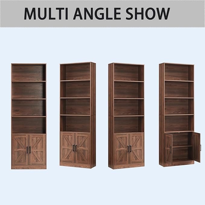 70in Tall Bookshelf 6 Tier Bookcase with Barn Doors and Adjustable Shelf, Brown Farmhouse Book Shelves with Storage Cabinet,Wood Floor Standing Display Bookshelve for Bedroom,Living Room,Kitchen