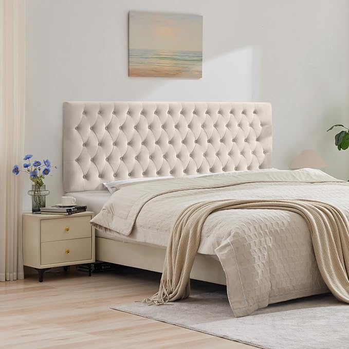 Kingfun Upholstered Queen Headboard Only, Premium Velvet Button Tufted Headboards, Adjustable Solid Wood Head Board, Padded Headboard with Solid Wood Legs in Bedroom (Beige)