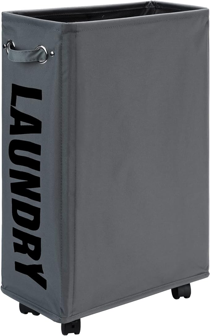 DOKEHOM 25-Inches Slim Laundry Basket on Wheels, Collapsible Rolling Laundry Hamper, Foldable Narrow Corner Clothes Storage Bins (Dark Grey)