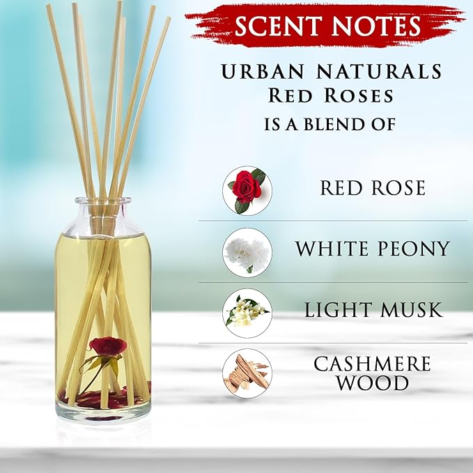 Urban Naturals Red Roses Reed Diffuser Oil Gift Set| Floral Scented Sticks Room Freshener for Bathroom, Kitchen & Bedroom | Great Idea