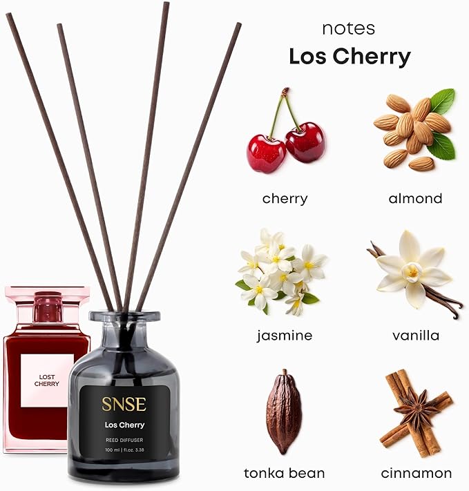 SNSE Los Cherry Perfumed Reed Diffuser Set - Premium Reed Diffusers for Home with Diffuser Reeds, Luxurious Gift Aroma, Sophisticated Scent, Ideal for Relaxation, Elegant Home Fragrance