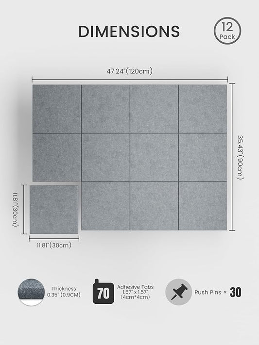 Bumusty Large Cork Board 47"x35" Alternative - 12 Pack Felt Wall Tiles with 70 Safe Removable Adhesive Tabs, 30 Pushpins, Cork Boards for Walls Pin Board Tack Board Cork Board (Silver Mink)