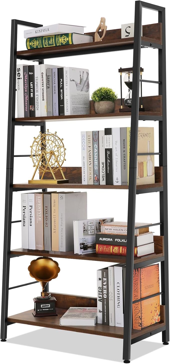 Himimi Bookshelf, Industrial Wood Bookshelves and Bookcases, Ladder Shelf 5 Tier with Metal Frame for Living Room, Bedroom, Kitchen, Home Office, Rustics Brown