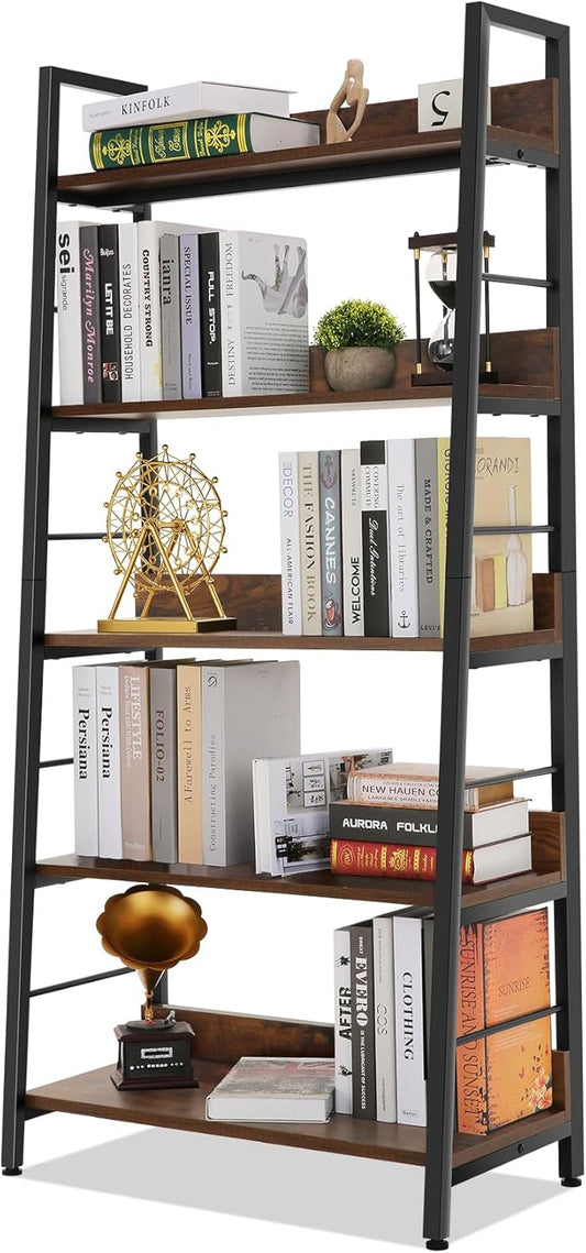 Himimi Bookshelf, Industrial Wood Bookshelves and Bookcases, Ladder Shelf 5 Tier with Metal Frame for Living Room, Bedroom, Kitchen, Home Office, Rustics Brown