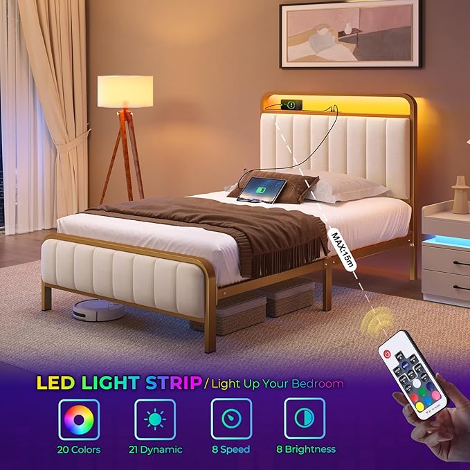 Rolanstar Twin Size Bed Frame with LED Light and Charging Station, Upholstered Headboard and Footboard, Metal Slat, Golden