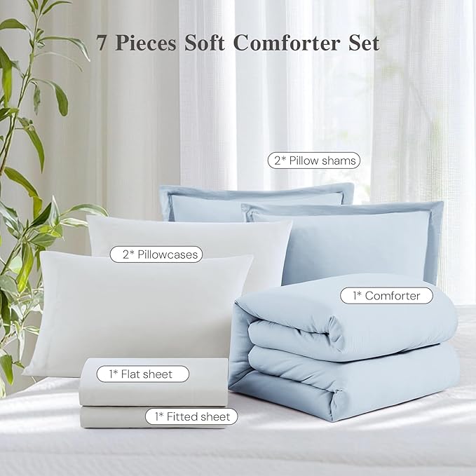 WRENSONGE King Comforter Set, 7 Pieces Ice Blue Soft Bed in a Bag King with Fitted Sheet, Flat Sheet, 2 Pillow Shams, and 2 Pillowcases- Warm Bedding Set for All Season