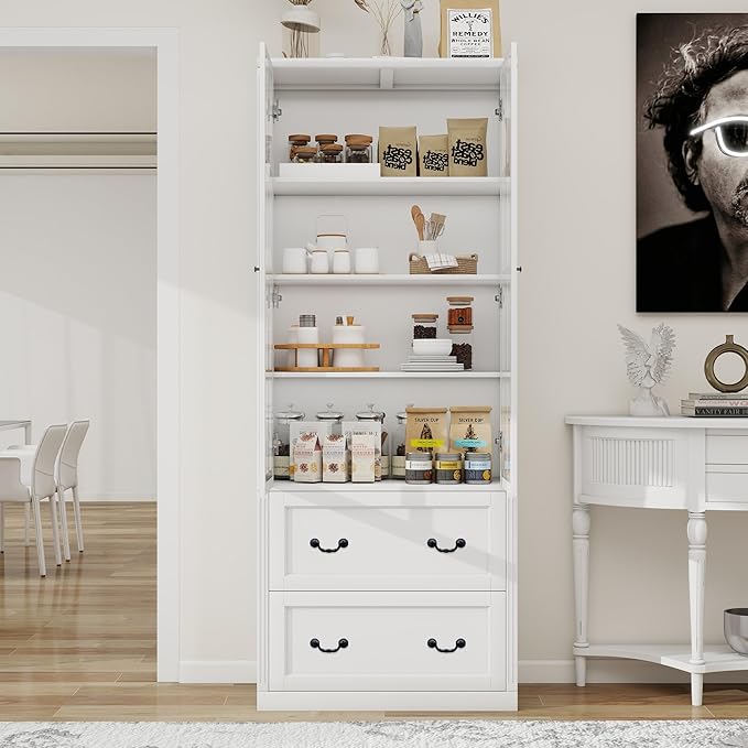 78.8" Tall Bookcase Display Storage Cabinet Hutch with Glass Doors & Drawers - Curio Display Bookshelf Kitchen Pantry for Home, Kitchen, Living Room.