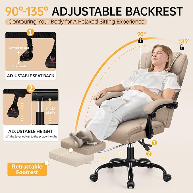 Office Chair, Executive Big and Tall Leather Desk Chairs with Footrest, Ergonomic Breathable Computer Chair with Adjustable High Back, Lumbar Support Swivel PC Chairs with Rocking Function