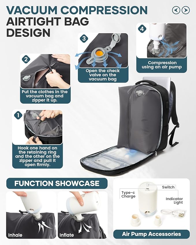 suwasp Vacuum Backpack Travel with Pump, mochila de viaje compresion al vacio for Women Men, Large Storage Vacuum Bags for Travel Backpack Personal Item Carry On Backpacks Flight Approved, Black