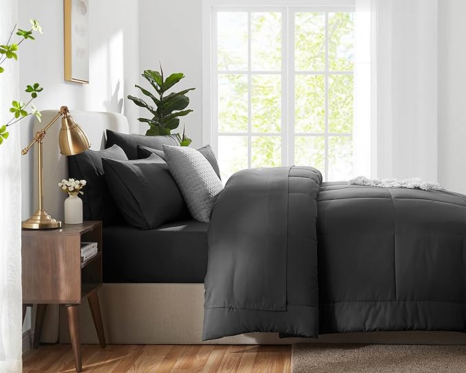 CozyLux Full Size Comforter Sets Dark Grey, 7 Pieces Bed in a Bag, Dark Grey Comforter Full Size, All Season Bedding Sets with Stitch Quilted Comforter, Flat Sheet, Fitted Sheet, Pillowcases