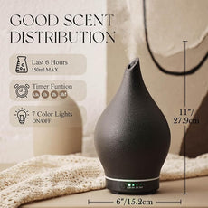 Porseme 150ml Essential Oil Diffuser Ceramic Color Changing Aroma Air Diffusers Aromatherapy Ultrasonic Cool Mist Humidifier 6 Running Hours for Spa Office Sleeping Yoga (Black Ceramic)
