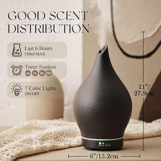 Porseme 150ml Essential Oil Diffuser Ceramic Color Changing Aroma Air Diffusers Aromatherapy Ultrasonic Cool Mist Humidifier 6 Running Hours for Spa Office Sleeping Yoga (Black Ceramic)