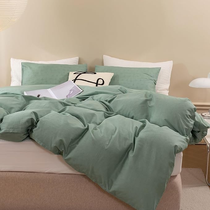 ECOCOTT Olive Green Duvet Cover King Size - 100% Washed Cotton Durable Soft Comfy Duvet Cover Set, 3 Pieces Duvet Cover with Zipper Closure (Green, 104''x90'')