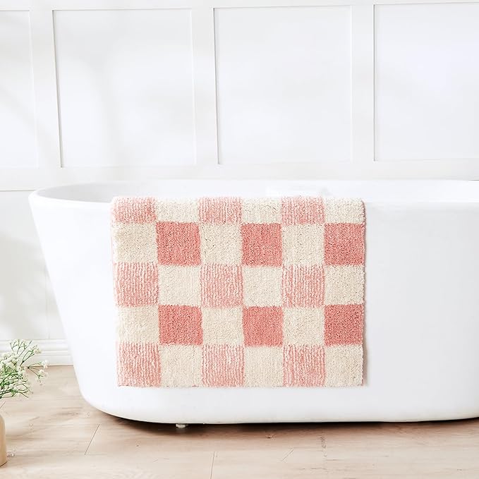 CozeCube Bath mats for Bathroom Non Slip, Fluffy Absorbent Microfiber Bath mat Washable, Aesthetic Bathroom Rugs, Long Blossom Pink Checkered Bath Runner, Blossom Pink, 59" x 24"