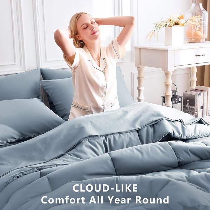 CozyLux King Size Comforter Set Grayish Blue, 7 Pieces Bed in a Bag, Dusty Blue Comforter King Size, All Season Bedding Sets with Stitch Quilted Comforter, Flat Sheet, Fitted Sheet, Pillowcases