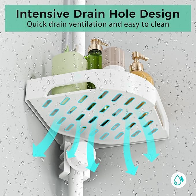 4-Tier Corner Shower Caddy Tension Pole Organizer - Adjustable Rustproof Metal Tension Pole, Plastic Shelves with Safety Guardrail, Bathroom Storage for Shower & Bathtub(White)