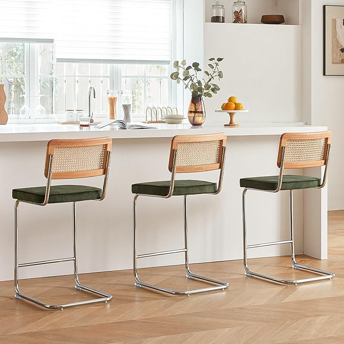 Natural Rattan Bar Stools Set of 3 with Solid Wood Back, 24 Inch Mid Century Modern Counter Height Stools, Green Upholstery Boho Stool for Kitchen Counter with Chrome Metal Legs