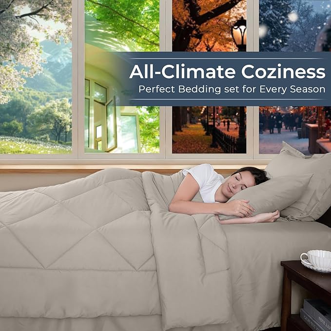 HEVUMYI Oatmeal California King Comforter Set - 7-Piece All Season Bed in a Bag Cal King, Ultra Soft Bedding Set with Comforter, Flat Sheet, Fitted Sheet, Pillowcases, Pillow Shams