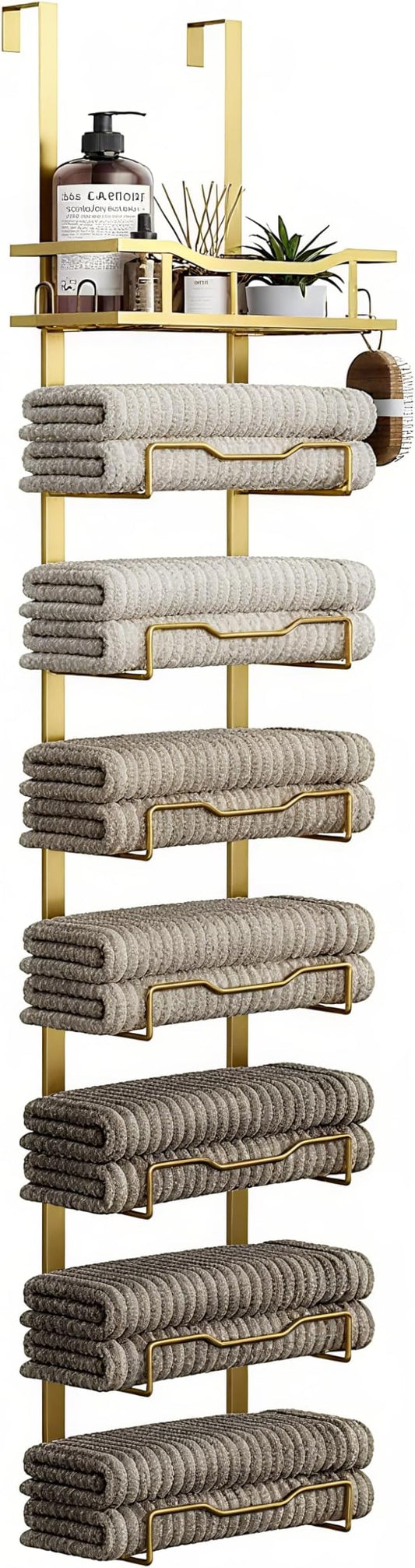 Hanging Towel Racks for Bathroom No Drill - Over The Door 8-Tier Bath Towel Storage Organizer for Small Bathrooms - Back Door Large Tiered Towel Holder Hanger for Rolled Towels RV Camper Gold