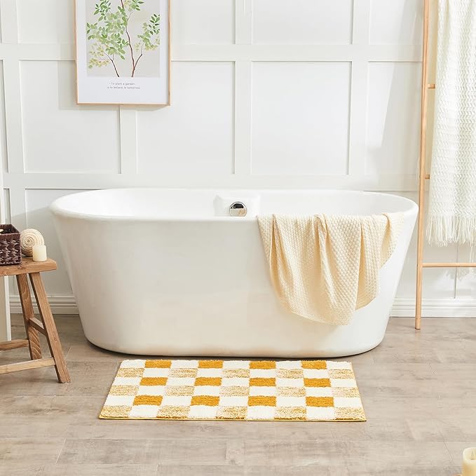 CozeCube Bath mats for Bathroom Non Slip, Fluffy Absorbent Microfiber Bath mat Washable, Aesthetic Bathroom Rugs, Small Harvest Gold Checkered Bath mat, Harvest Gold, 24" x 16"