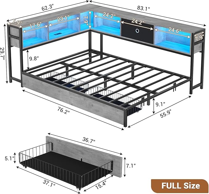 Hasuit Full Corner Bed Frame with Storage Drawers and Bookcase Headboard, Full Size Metal Platform Corner Bed Frame with Charging Station and LED Lights, Full Daybed for Kids Teens Guests, Oak Gray