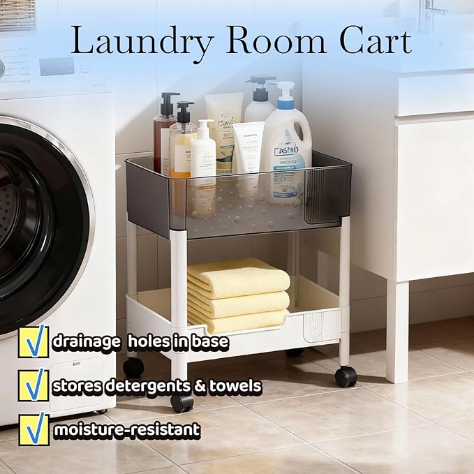 2 Tier Rolling Cart with Wheels for Under Desk Storage, Heavy Duty Plastic Short Small Utility Cart for Small Space Pantry Room Kitchen Laundry Bathroom, 4.7'' Deep Baskets for Tall Bottles