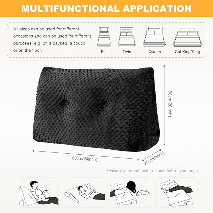 Large Triangular Headboard Wedge Pillow Soft and Supportive Headboard Backrest Positioning Support Bolster Cushion, Bed Wedge Pillow with Removable Cover(Black,Dorm,24x8x20inch)