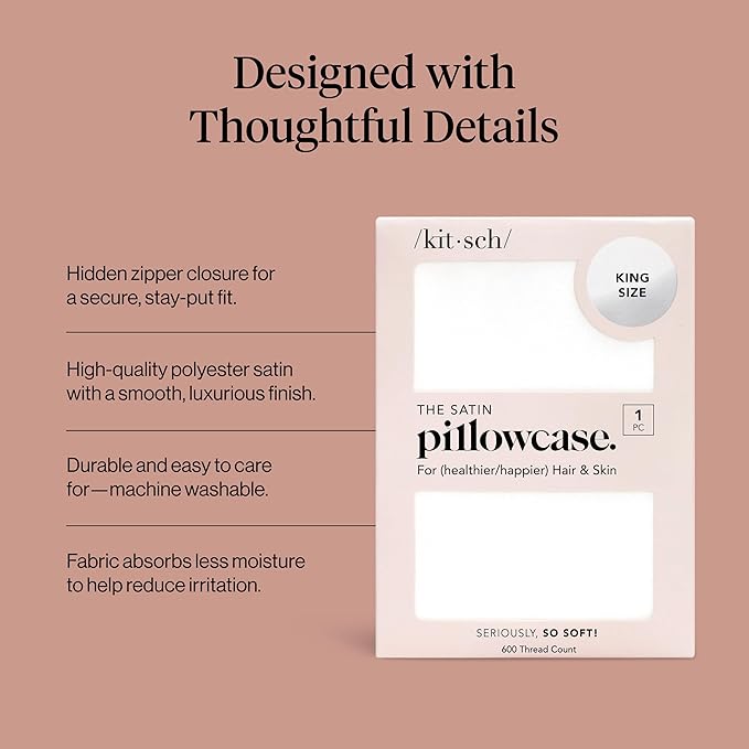 Kitsch Satin Pillowcase, Softer Than Silk Pillow Cases King, Cooling Pillow Covers, Satin Pillowcase with Zipper for Hair, Skin & Quality Sleep, Wrinkle-Free & Smooth, King Size 19"x36", Ivory