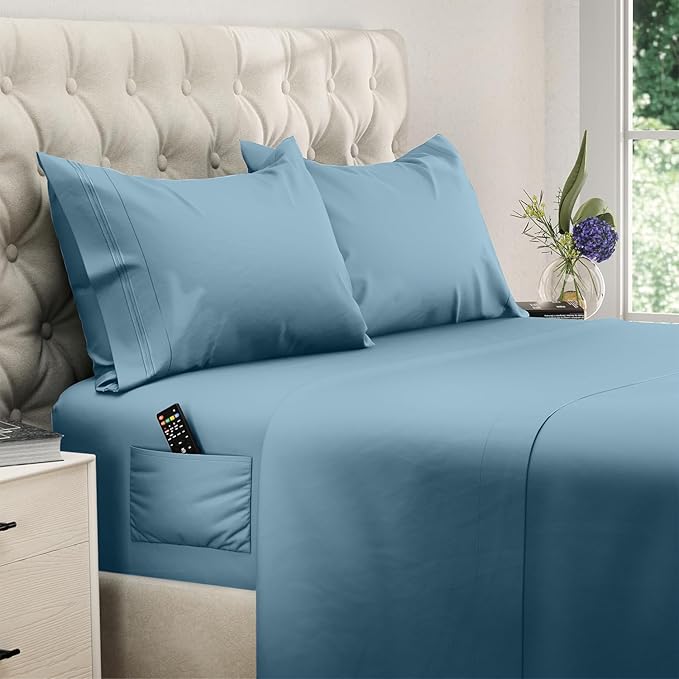 DREAMCARE Full Size Sheets Set - 4 Pcs Cooling Bed Sheets with Up to 15" Deep Pockets - Soft, Long-Lasting 100% Brushed Polyester with Side Pocket (Mineral Blue) DREAMCARE