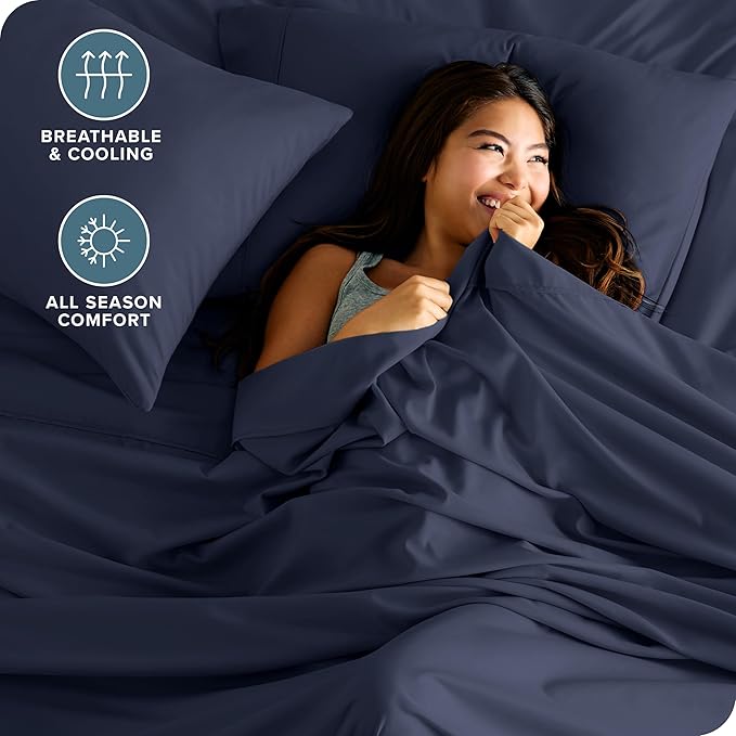 Bare Home Ultra-Soft Queen Sheet Set - Luxury 1800 - Hydro-Brushed - Deep Pockets - Easy Fit - 4 Piece Set - Bed-ding Sheets & Pillowcases (Queen, Midnight Blue) BareHome