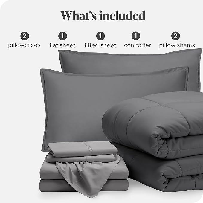 Bare Home Bed-in-A-Bag 7 Piece Comforter & Sheet Set - Queen - Goose Down Alternative - Ultra-Soft 1800 Premium Bedding Set (Queen, Grey/Light Grey)