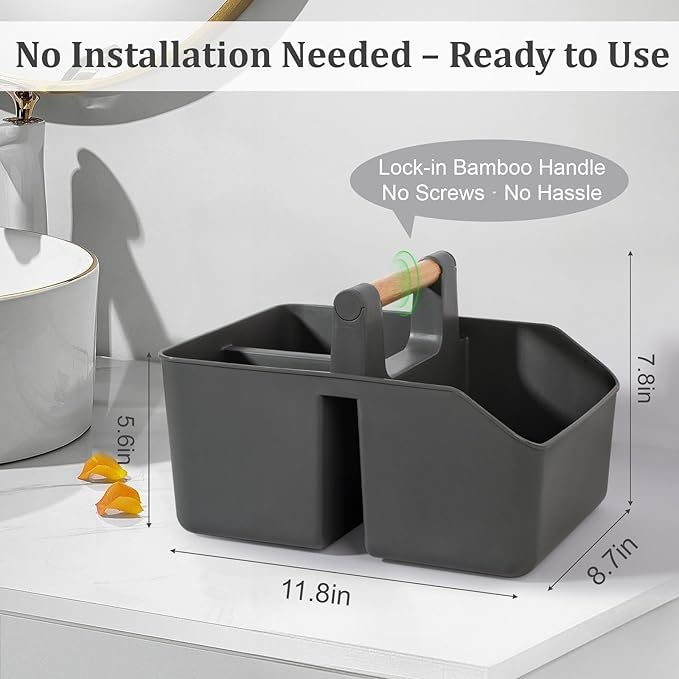 rejomiik Portable Shower Caddy Basket with Bamboo Handle, Plastic Cleaning Caddy Bathroom Organizer Tote for College Dorm Essentials, Bath Toy Storage, Dark Gray