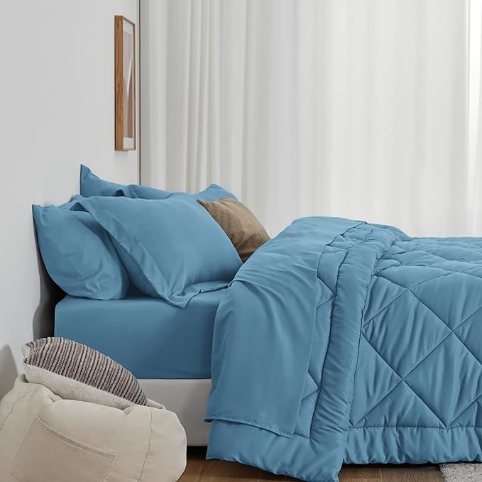 Love's cabin Full Comforter Set Misty Blue, 7 Pieces Full Bed in a Bag, All Season Bedding Sets with 1 Comforter, 1 Flat Sheet, 1 Fitted Sheet, 2 Pillowcase and 2 Pillow Sham