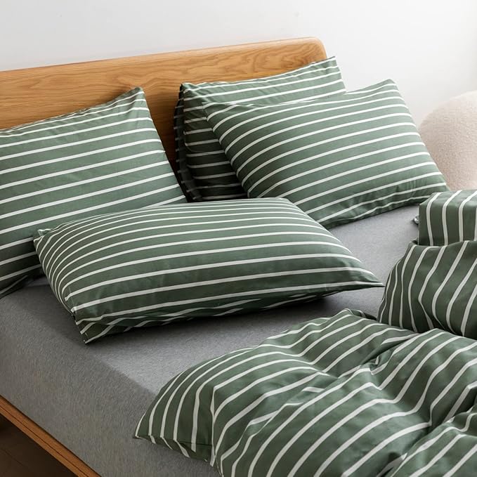 JELLYMONI Queen Duvet Cover Set, Cotton Duvet Cover 3 Pieces with Zipper Closure, 1 Duvet Cover and 2 Pillowcases(Green with White Striped)