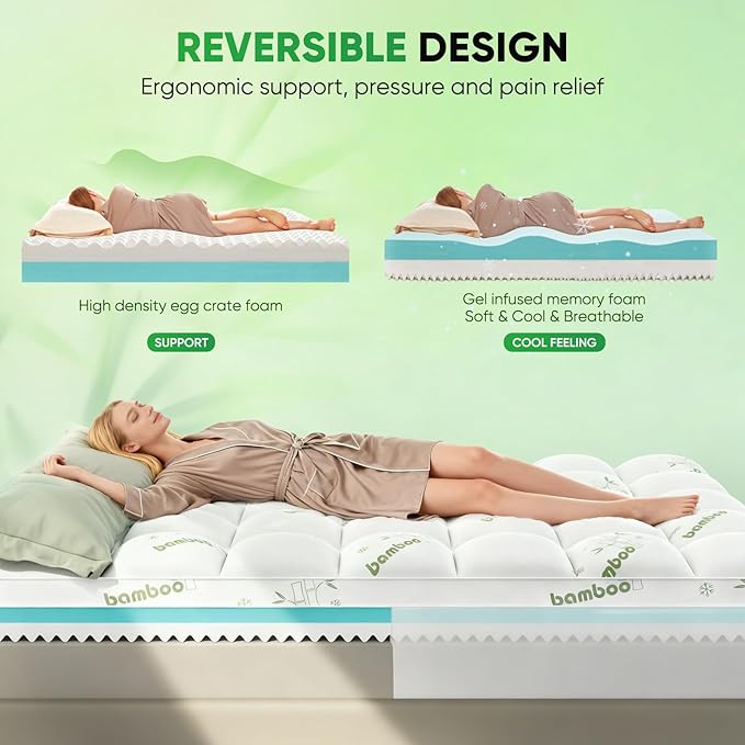 King Mattress Topper, 3 in 1 Memory Foam Mattress Topper for Back Pain, 2" Fluffy Cooling Mattress Toppers King Breathable Viscose Made from Bamboo and 2.5" Dual Firmness Gel Memory Foam.