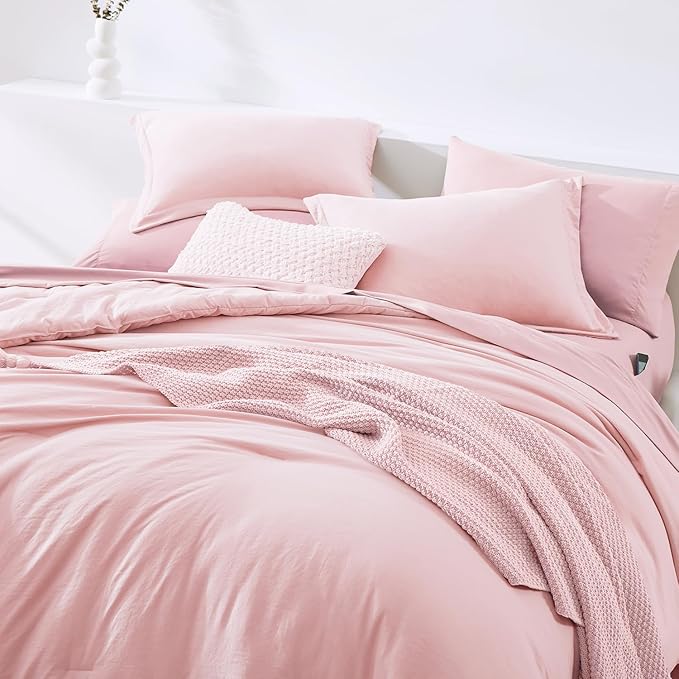 WRENSONGE Queen Comforter Set - 7 Pieces Soft Pink Soft Bed in a Bag Queen with Sheets, 2 Pillow Shams, and 2 Pillowcases- Warm Bedding Sets for All Season