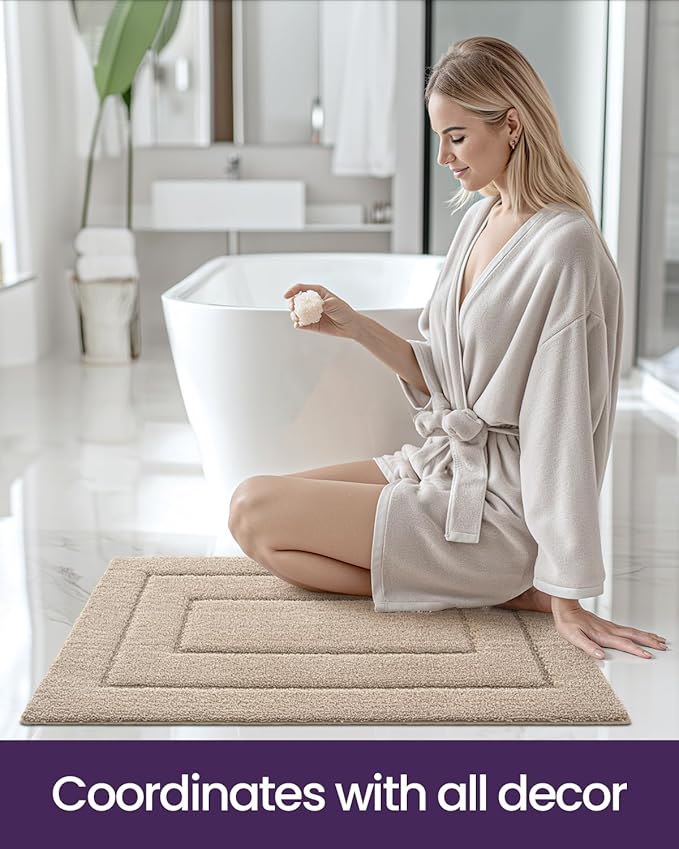 DEXI Bathroom Rug 43x24, Non Slip Washable Bath Mat for Shower Floor, Extra Large Absorbent Soft Bathmat with Rubber Backing, Quick Dry Microfiber Carpet, Beige