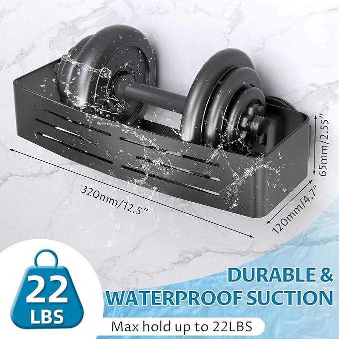 Onemake Suction Cup Shower Caddy, Suction Shower Shelf with Portable Hooks, Bath Organizer with Towel Bar for Bathroom Storage(Matte Black)