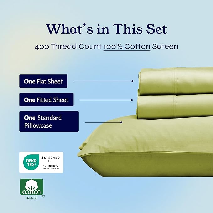 California Design Den Twin XL Sheet Sets - 400 Thread Count Sateen, 100% Cotton Sheets Twin XL, Deep Pockets, and Durable Bedding for Dorm Rooms & Adults - Celery Green CaliforniaDesignDen
