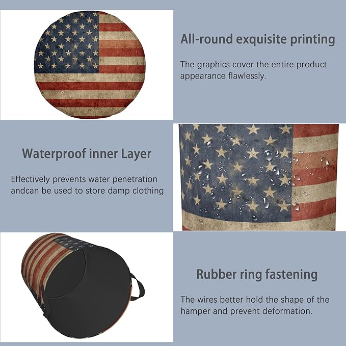 Vintage Flag Laundry Basket,Oxford Cloth Laundry Hamper with Handle Foldable Portable Clothes Storage Basket for Bathroom Bedroom Dorm Room 16" x 20.8"