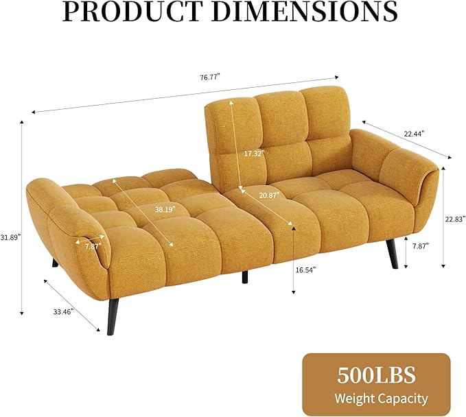 Futon Sofa Bed, Convertible 77" Modern Linen Futon Couch, Comfy Sleeper Sofa with Adjustable Backrests, Couch Bed for Small Spaces, Living Room, Bedroom, Apartment, Golden Yellow