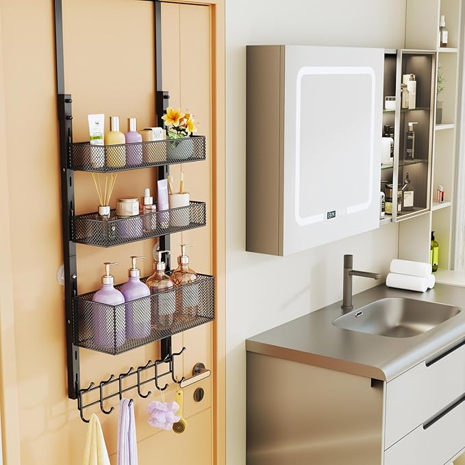 Consumest Over The Door Hooks Organizer - 4 Tier Door Coat Rack with 3 Baskets and 12 Hooks, Stainless Steel Towel Hanger for Bedroom, Bathroom, Living Room, Black